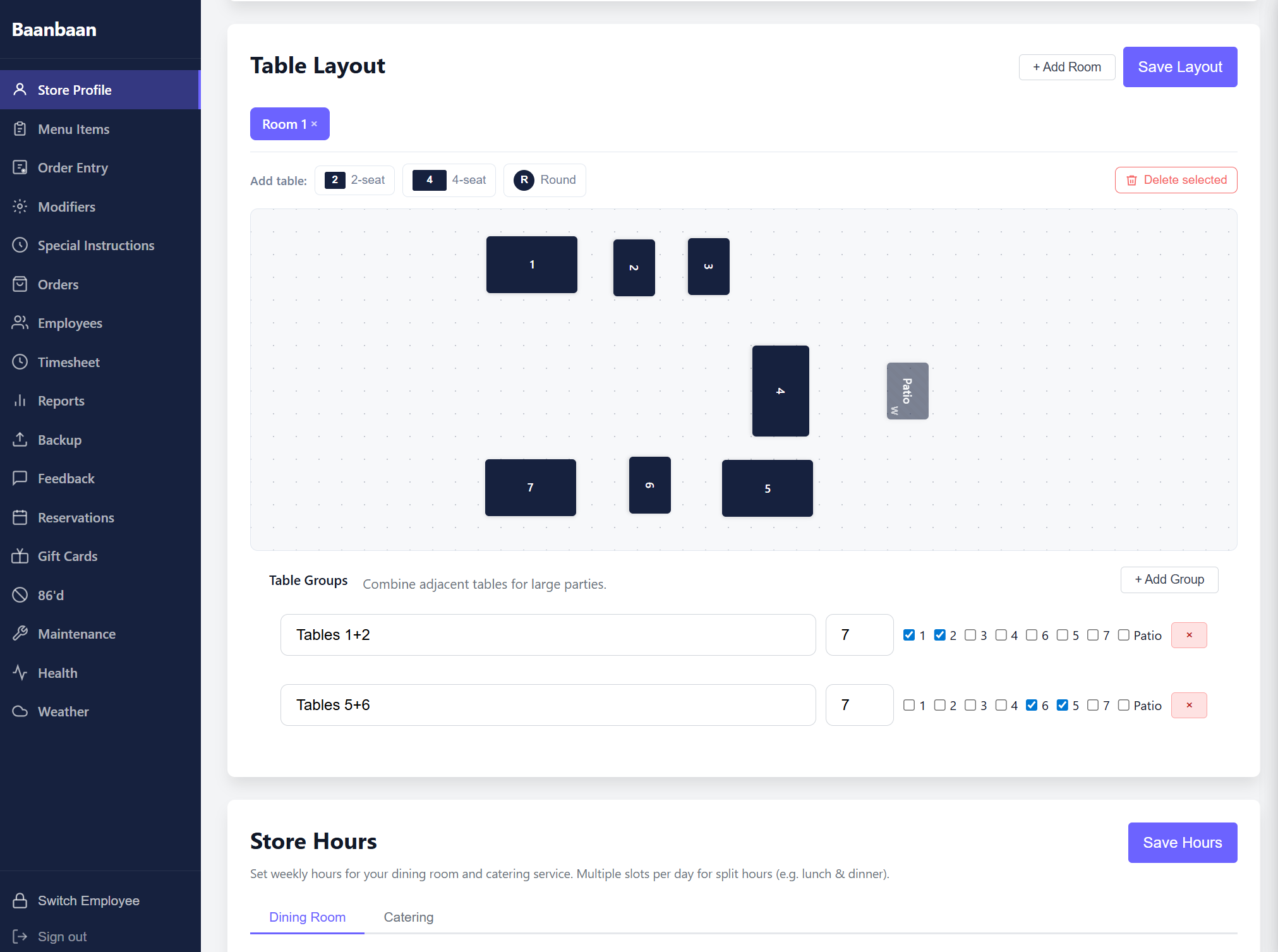 Store Profile — table layout and hours